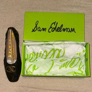 Sam Edelman Black Leather Ballet Flat with Gold Logo Accent